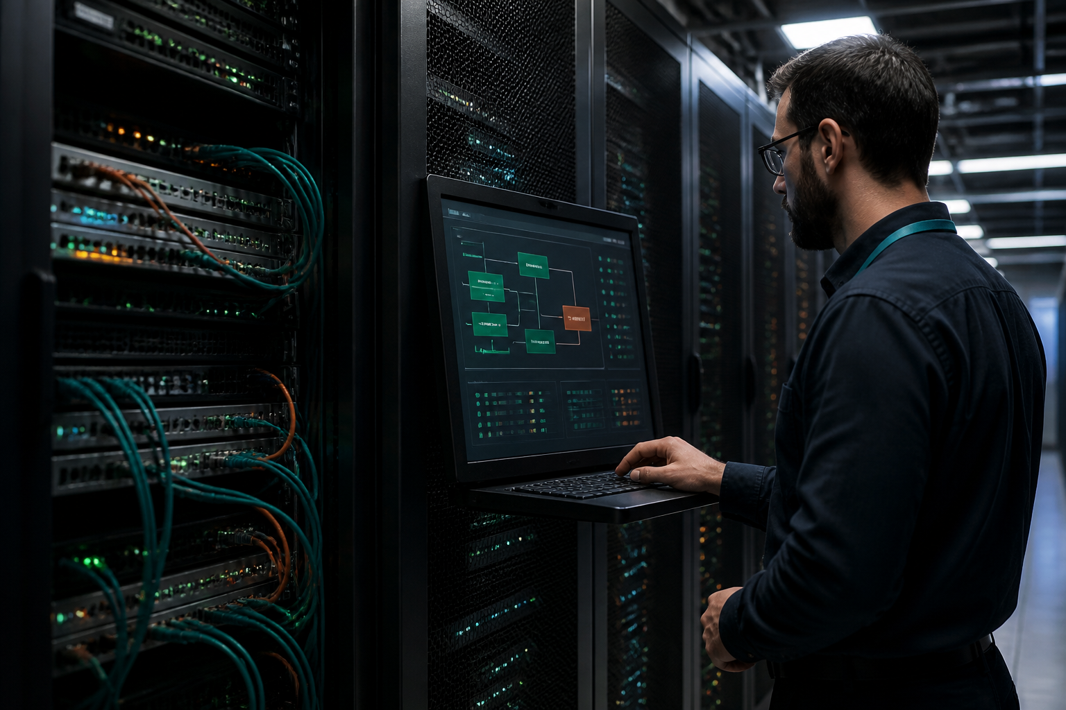 A man stands in a server room beside racks of network equipment, using a mounted laptop that displays a flowchart-style interface with several connected boxes.