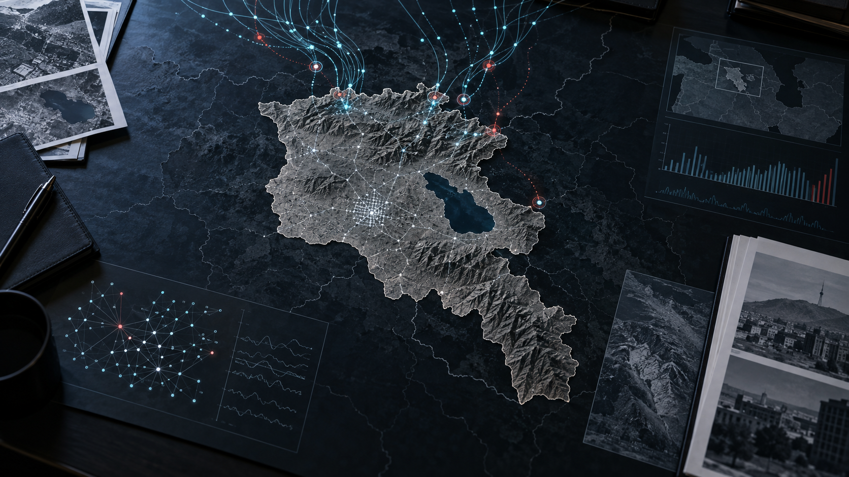 A dark analytical map of Armenia surrounded by restrained cyan network paths and a small number of red anomaly markers.