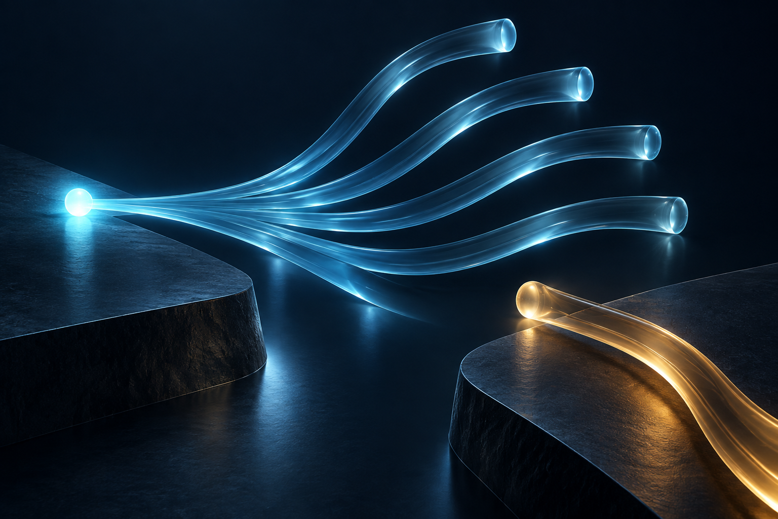 Several translucent blue channels share a single cyan origin, while a separate amber channel approaches from another direction.