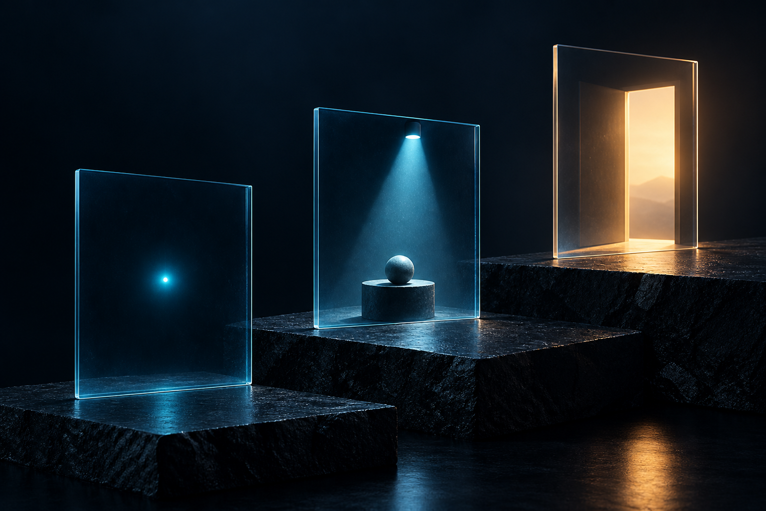 Three glass forms on a dark surface represent a cyan point, a selective spotlight and a separate amber doorway.