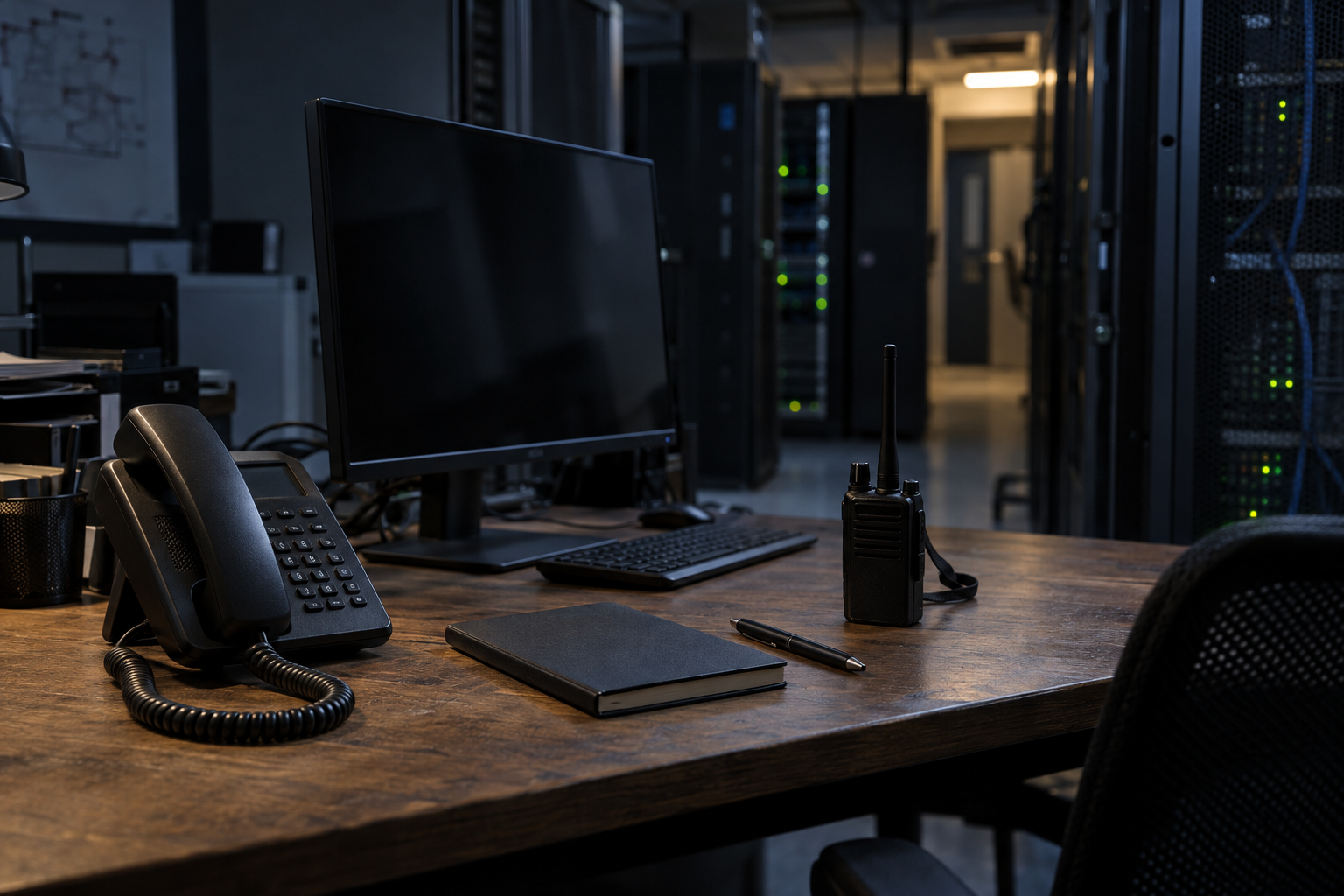 A wired telephone, notebook and portable radio sit on an operations desk, with a dark monitor and server racks behind them.