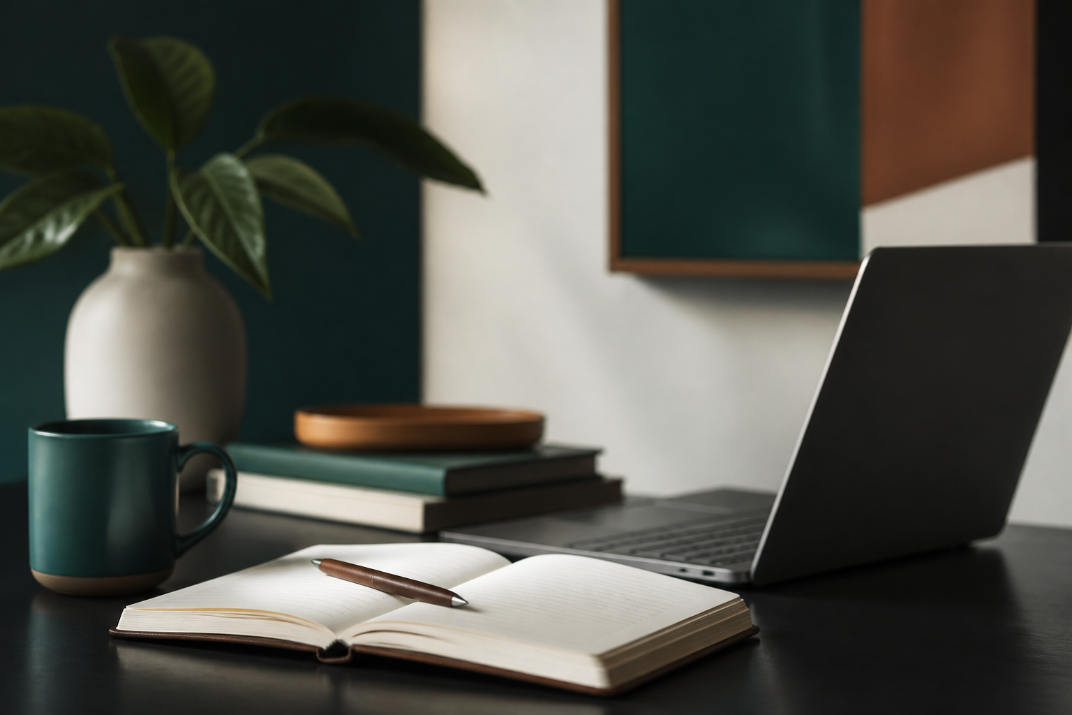 A staged desk scene with an open notebook and pen in the foreground, a dark mug, stacked books, a potted plant, and an open laptop against a muted teal-and-cream interior.