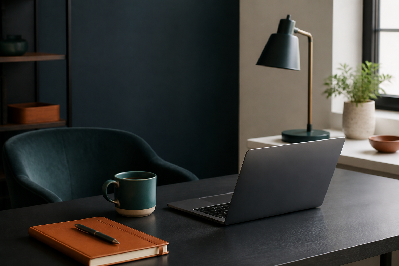A minimalist office desk scene with an open laptop, teal mug, orange notebook and pen, desk lamp, chair, shelves, and a window with a potted plant.