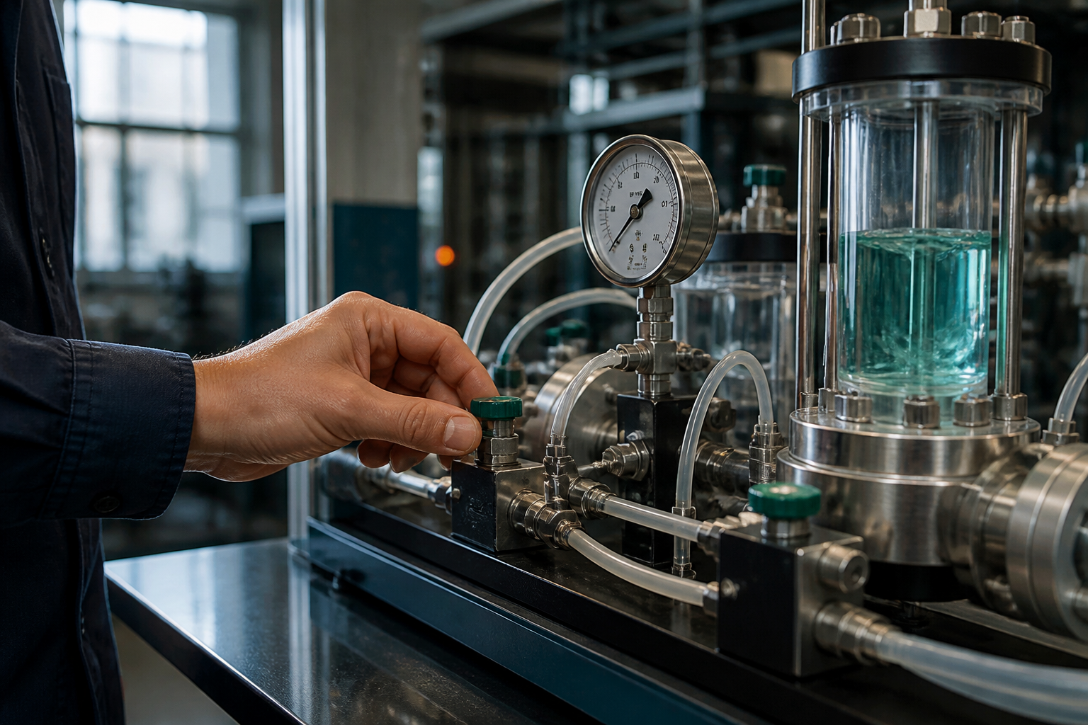 A close-up of a person’s hand adjusting a green knob on a laboratory or industrial fluid-control apparatus with metal tubing, a pressure gauge, and transparent cylindrical chambers containing teal liquid.