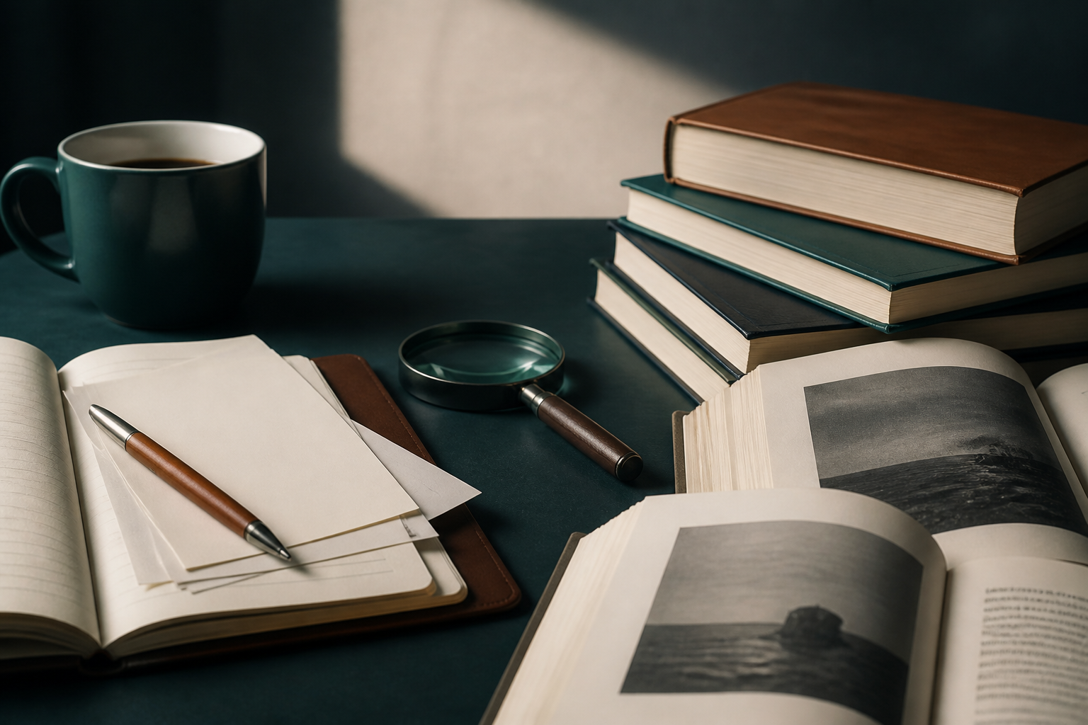 A staged editorial desk scene with stacked hardcover books, open notebooks, loose papers, a pen, a magnifying glass, and a coffee mug on a dark surface under soft light.