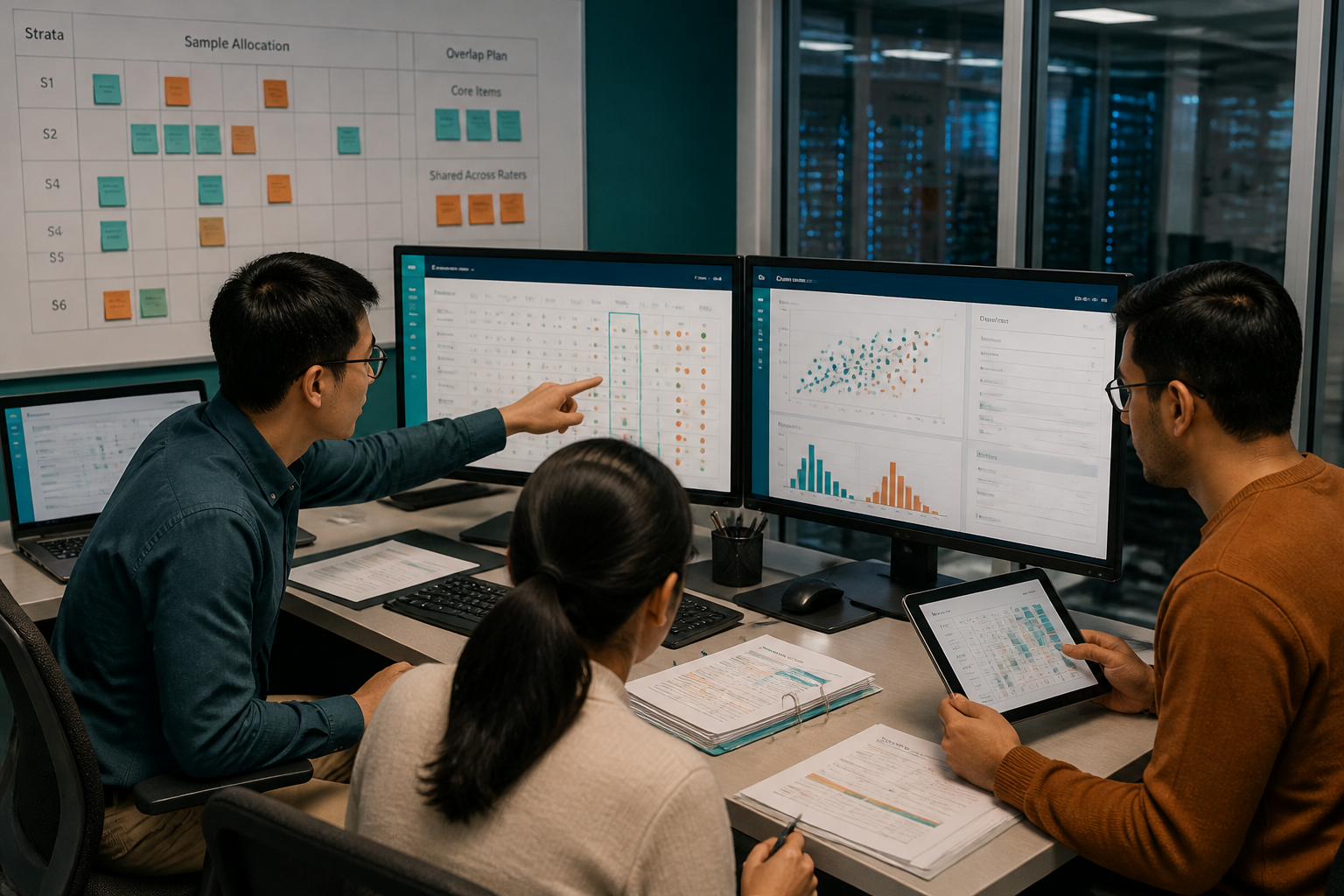 Three people in an office conference room review large monitors showing charts, scatter plots, histograms, and a sample allocation board, with printed documents and a tablet on the table.