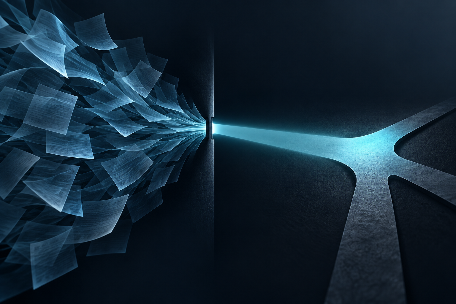 Translucent blue sheets converge through a narrow aperture into a cyan beam above a forked dark surface.