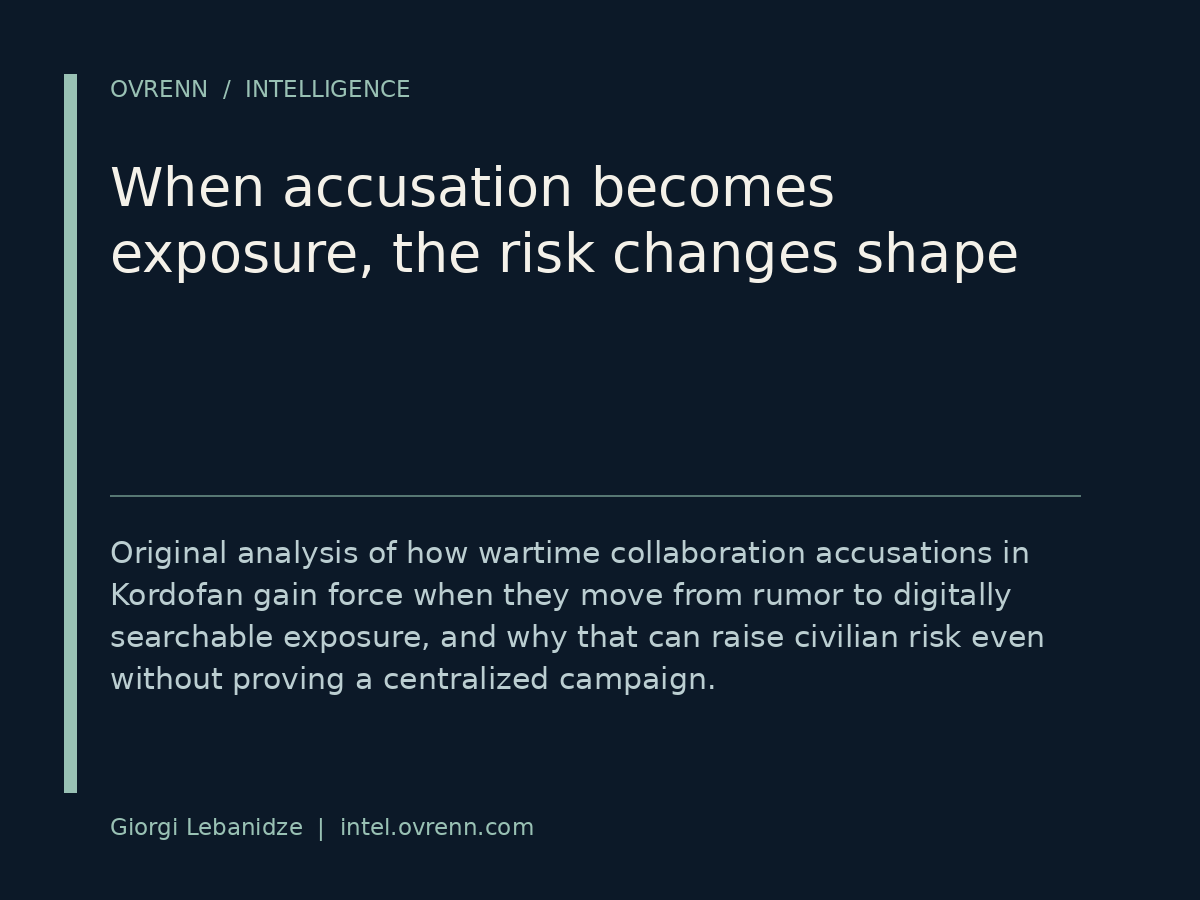 Dark navy editorial title card with a thin mint vertical bar on the left, the label “OVRENN / INTELLIGENCE” near the top, a large headline reading “When accusation becomes exposure, the risk changes shape,” a smaller subtitle about wartime collaboration accusations in Kordofan moving from rumor to digitally searchable exposure, and a footer credit line reading “Giorgi Lebanidze | intelovrenn.com.”