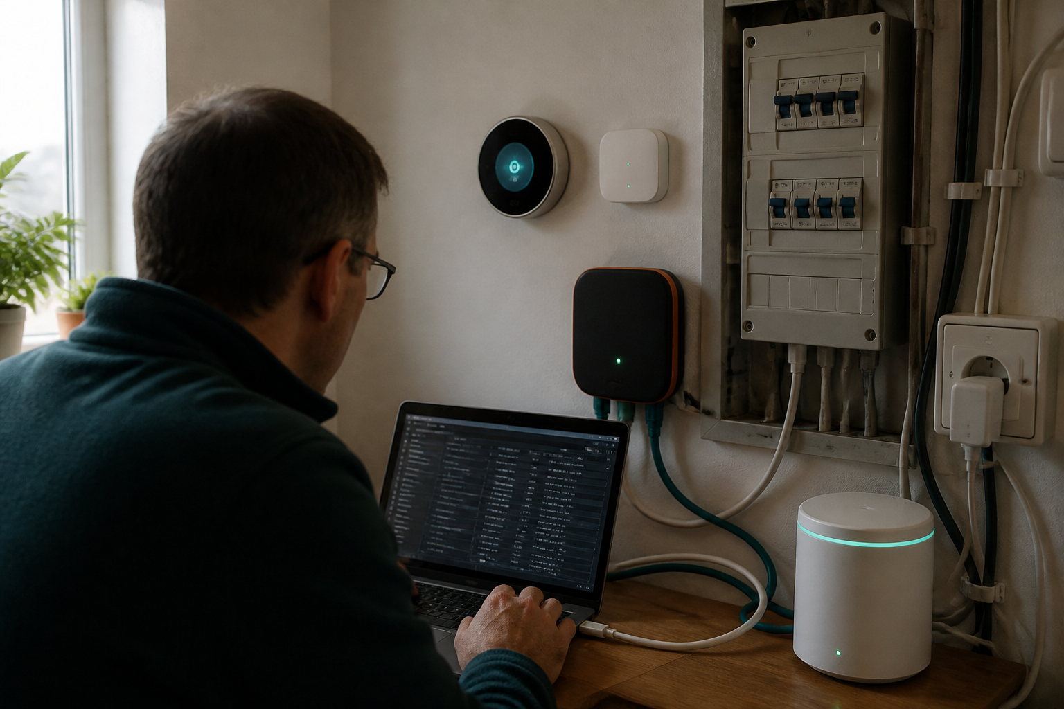 A person sits at a desk using a laptop beside a wall with home-automation devices, including a round smart thermostat-style display, a small square hub, a larger black device with a green light, a white cylindrical device, and an open electrical breaker panel with visible wiring.